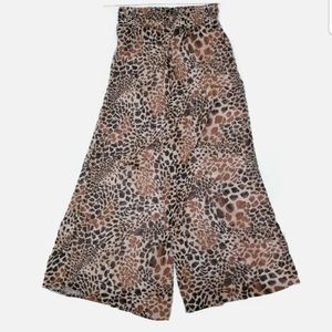 Three Hearts LG Sheer Palazzo Pants Leopard Wide Leg Brown Tan Animal Print